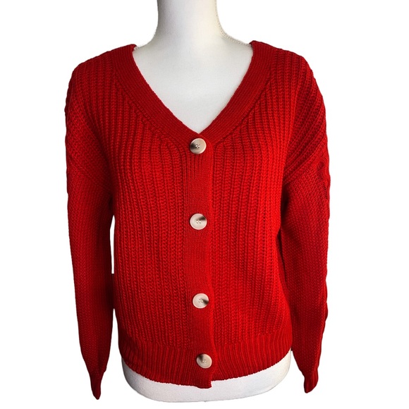 Jessica Simpson Red Sweater L Button Up V neck crop style - Picture 1 of 6